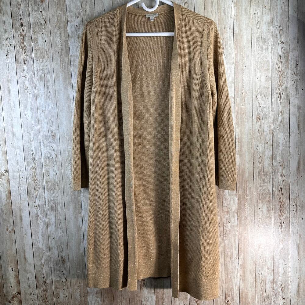 Talbots Sweater Cardigan Womens 0X Tan Gold Metallic Open‎ Front Cotton Blend